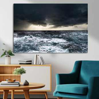 42607-MGV-CV-36X24-Stormy Ocean Wall Art – Dramatic Sea and Sky Canvas Print with Sun Rays, Moody Nature Decor for Living Room, Office, Bedroom or