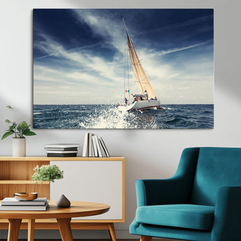 75430-MGV-CV-36X24-Sailing Boat Wall Art – Dynamic Ocean Yacht Canvas Print, Nautical Decor for Living Room, Office, Beach House or Cabin