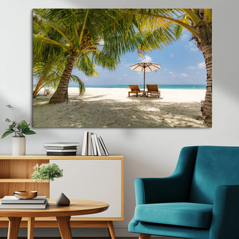 83601-MGV-CV-36X24-Tropical Beach Wall Art – Serene Palm Trees and Lounge Chairs Canvas Print, Relaxing Coastal Decor for Living Room, Bedroom or