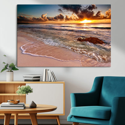 38302-MGV-CV-36X24-Sunset Beach Wall Art – Stunning Ocean Waves and Rock Canvas Print, Warm Coastal Decor for Living Room, Bedroom, Office or Beach