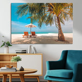 69754-MGV-CV-36X24-Tropical Beach Wall Art – Relaxing Palm Tree and Lounge Chairs Canvas Print, Serene Coastal Decor for Living Room, Bedroom, Office