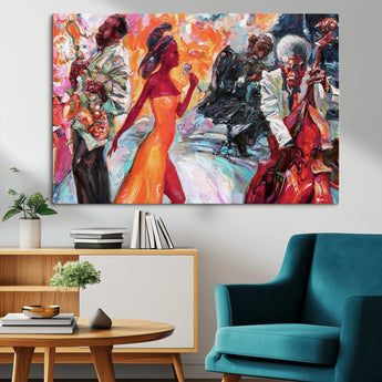 24452-MGV-CV-36X24-Vibrant Jazz Musician Painting - Expressive Art Print of Live Jazz Band, Perfect Wall Decor for Music Lovers and Art Enthusiasts