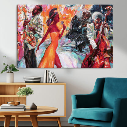 24452-MGV-CV-36X24-Vibrant Jazz Musician Painting - Expressive Art Print of Live Jazz Band, Perfect Wall Decor for Music Lovers and Art Enthusiasts