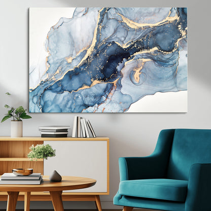 33782-MGV-CV-36X24-Abstract Marble Wall Art – Blue & Gold Fluid Painting Canvas Print, Modern Home Decor for Living Room, Bedroom or Office