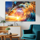 52890-MGV-CV-36X24-Surfing Wave Wall Art Canvas Print, Framed Sunset Ocean Art Picture Print, Ocean Wave Perfect Nautical Decor Artwork