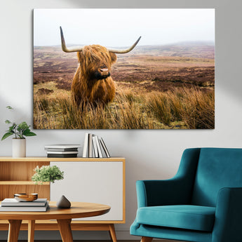 79391-MGV-CV-36X24-Majestic Highland Cow in Misty Scottish Moorland – Rustic Natural Charm, Perfect for Unique Home or Office Decor