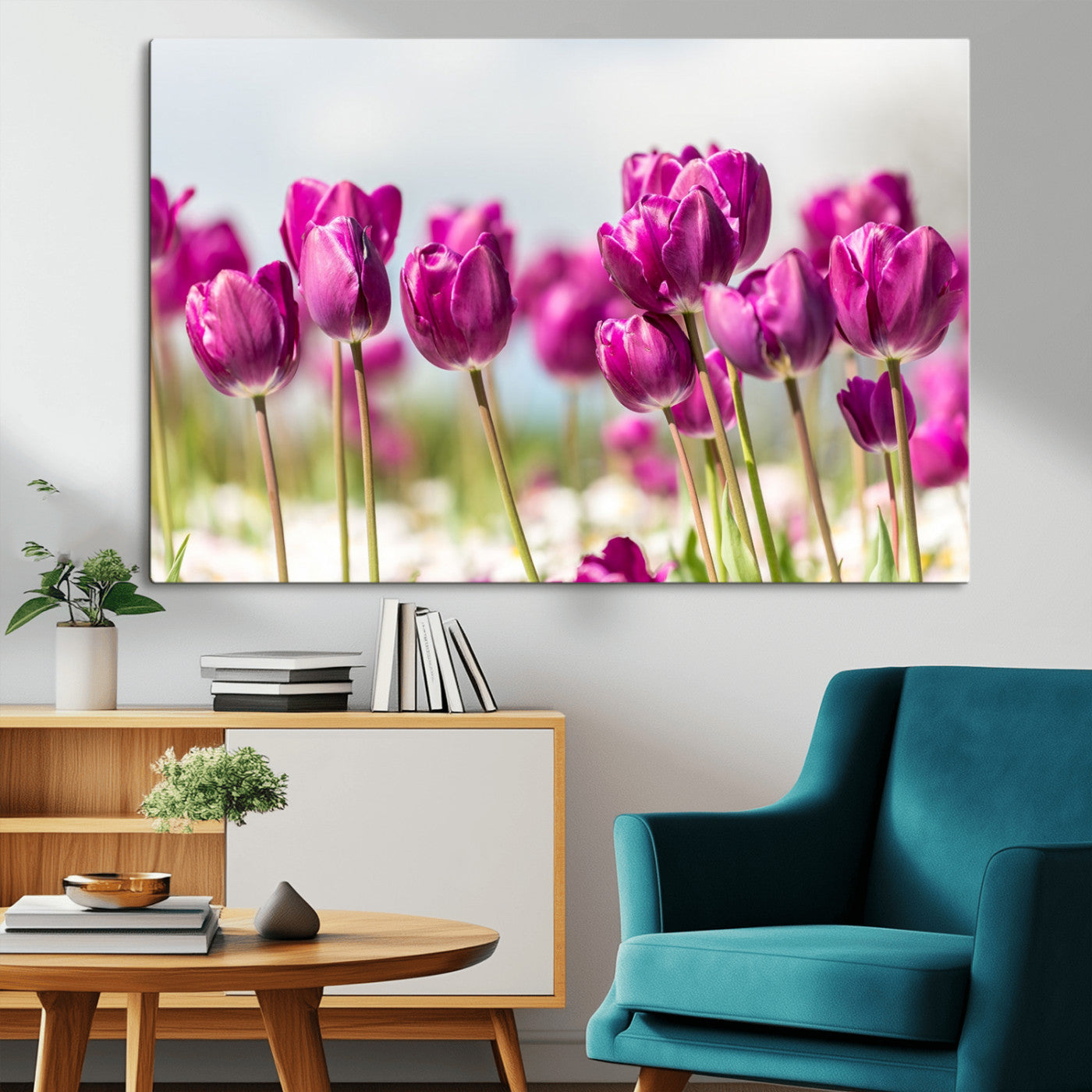 30632-MGV-CV-36X24-Purple Tulip Field Wall Art – Beautiful Spring Flowers Canvas Print with Soft Focus and Bright Sky, Ideal Floral Decor for Home or