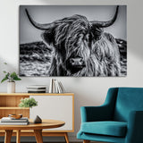 97372-MGV-CV-36X24-Elegant Highland Cow Wall Art – Black and White Canvas Print, Rustic Nature Decor for Home, Office, Living Room or Man Cave