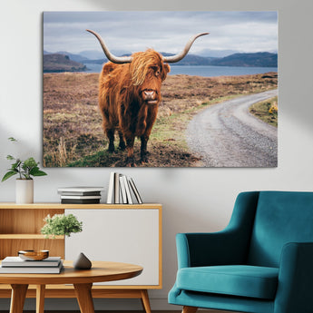 56121-MGV-CV-36X24-Rustic Highland Cow Wall Art – Panoramic Nature Canvas Print, Perfect Decor for Home, Office, Living Room or Man Cave