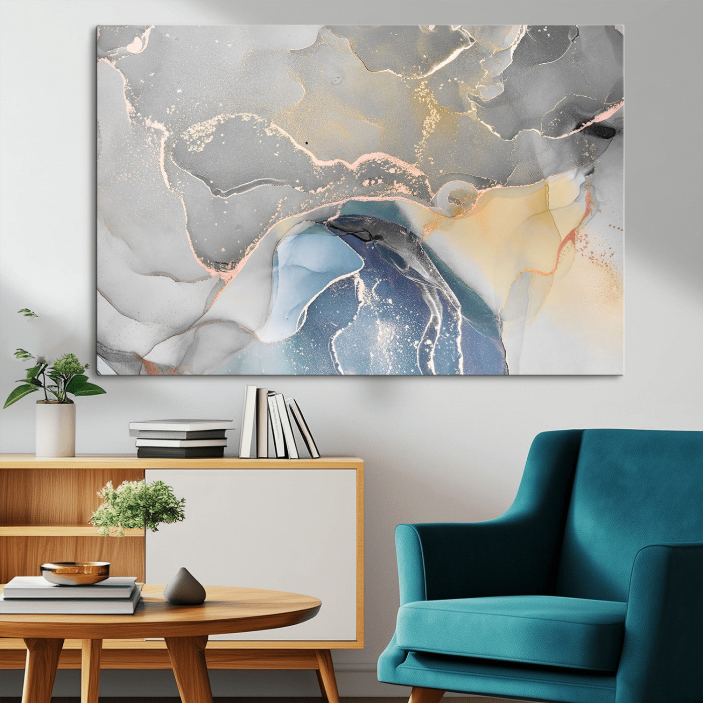 63211-MGV-CV-36X24-Abstract Fluid Art Wall Decor – Blue, Gray & Gold Canvas Print, Modern Home and Office Wall Art Decor for Living Room, Bedroom or