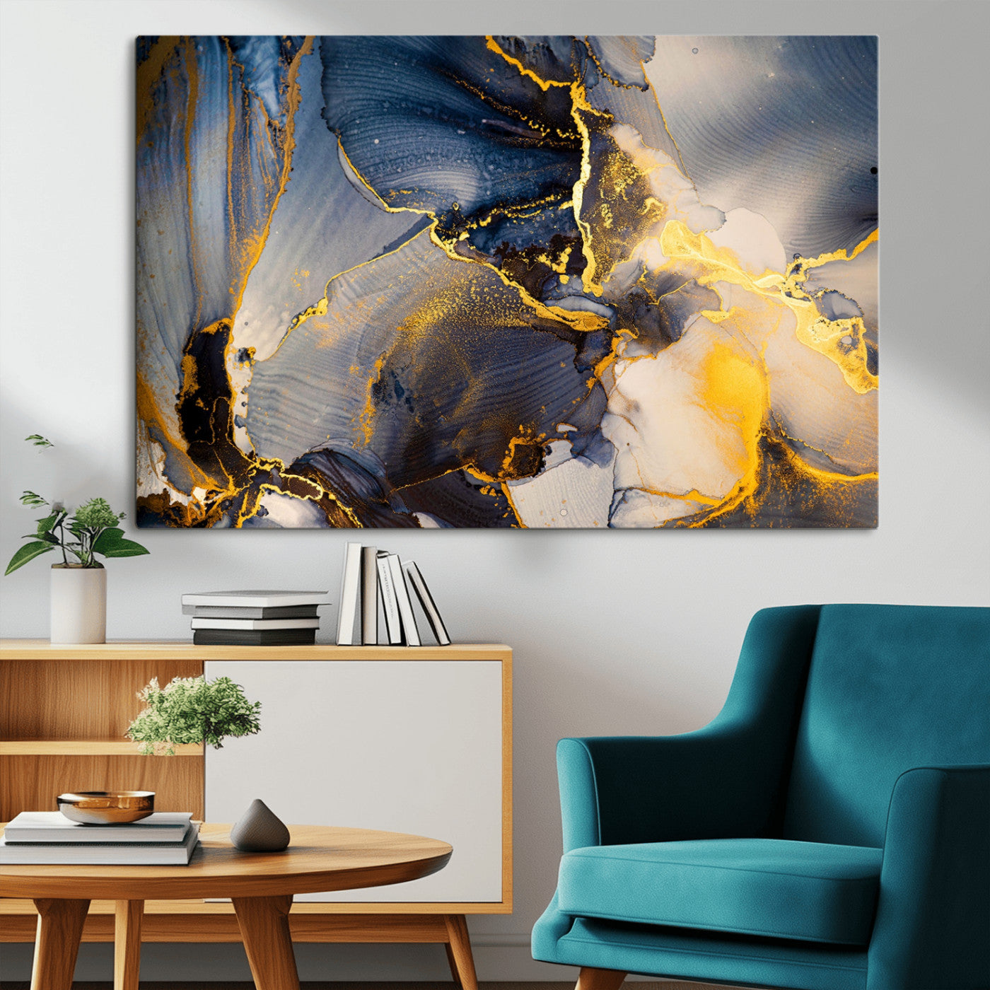 42100-MGV-CV-36X24-Golden Flow Abstract Wall Art – Panoramic Modern Blue and Gold Canvas Print, Contemporary Artistic Decor for Home, Office