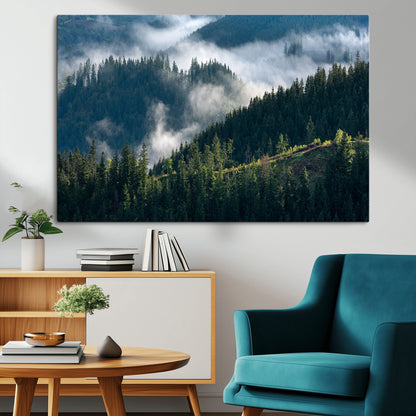 55972-MGV-CV-36X24-Whispering Pines Wall Art – Panoramic Misty Forest Canvas Print, Serene Nature Decor for Home, Office or Cabin Retreat