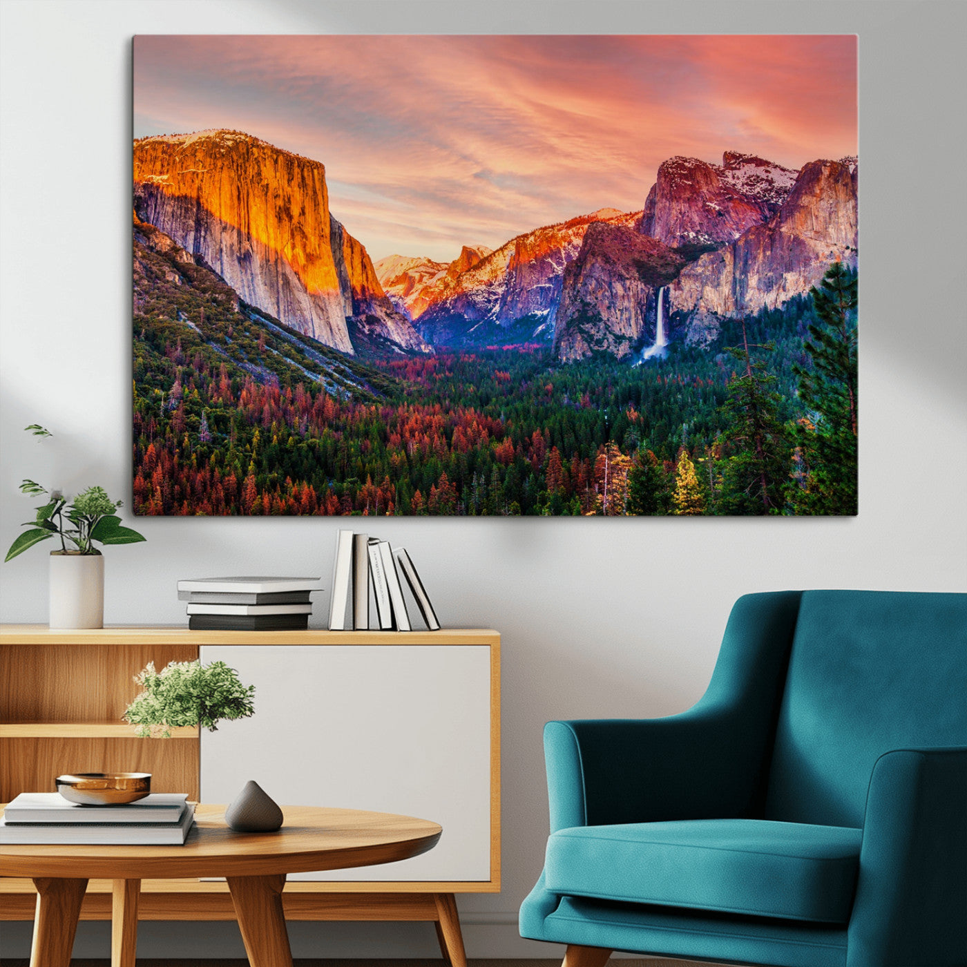 24519-MGV-CV-36X24-Yosemite Valley Sunset Wall Art – Majestic Mountain Landscape with Waterfall and Vibrant Sky, Nature Photography for Home or