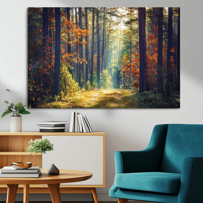 86249-MGV-CV-36X24-Sunlit Autumn Forest Path Wall Art – Peaceful Nature Scene with Fall Foliage, Calming Woods Decor for Home or Office