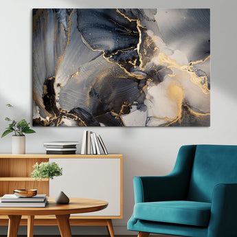 24068-MGV-CV-36X24-Luxury Abstract Wall Art – Gold & Gray Fluid Ink Painting Canvas, Modern Metallic Home Decor, Elegant Office or Living Room Accent