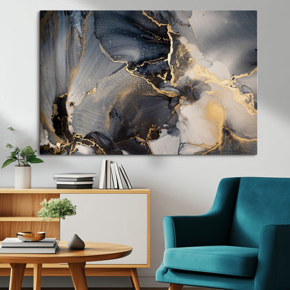 24068-MGV-CV-36X24-Luxury Abstract Wall Art – Gold & Gray Fluid Ink Painting Canvas, Modern Metallic Home Decor, Elegant Office or Living Room Accent