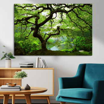 18094-MGV-CV-36X24-Emerald Canopy Wall Art – Panoramic Lush Green Tree Canvas Print, Serene Nature Decor for Office, Living Room or Meditation Space