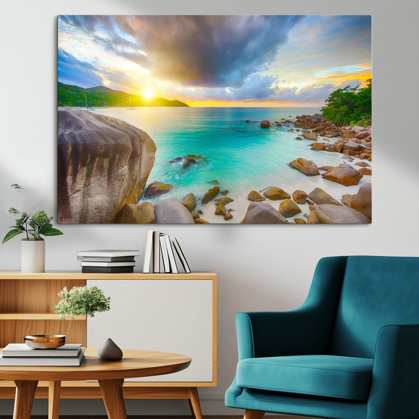 23769-MGV-CV-36X24-Tropical Beach Sunset Wall Art – Ocean Waves and Rocky Shore Canvas Print, Coastal Seascape Photography Decor