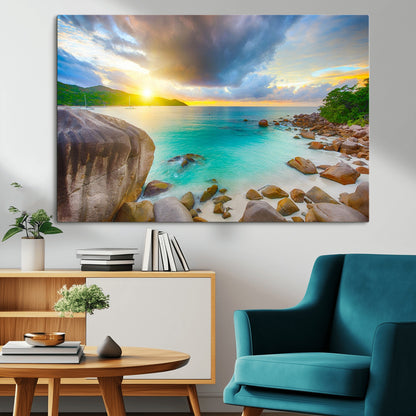 23769-MGV-CV-36X24-Tropical Beach Sunset Wall Art – Ocean Waves and Rocky Shore Canvas Print, Coastal Seascape Photography Decor