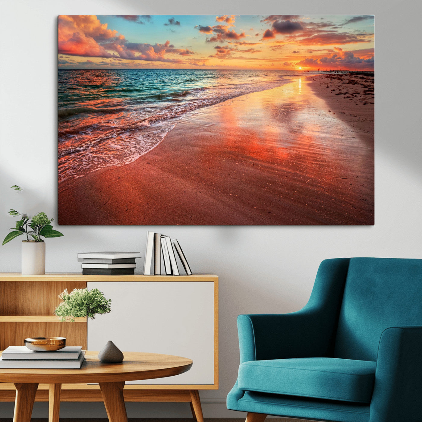 77723-MGV-CV-36X24-Sunset Beach Wall Art – Vibrant Ocean Waves and Golden Horizon Canvas Print, Coastal Seascape Photography Home Decor