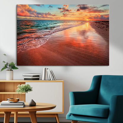 77723-MGV-CV-36X24-Sunset Beach Wall Art – Vibrant Ocean Waves and Golden Horizon Canvas Print, Coastal Seascape Photography Home Decor