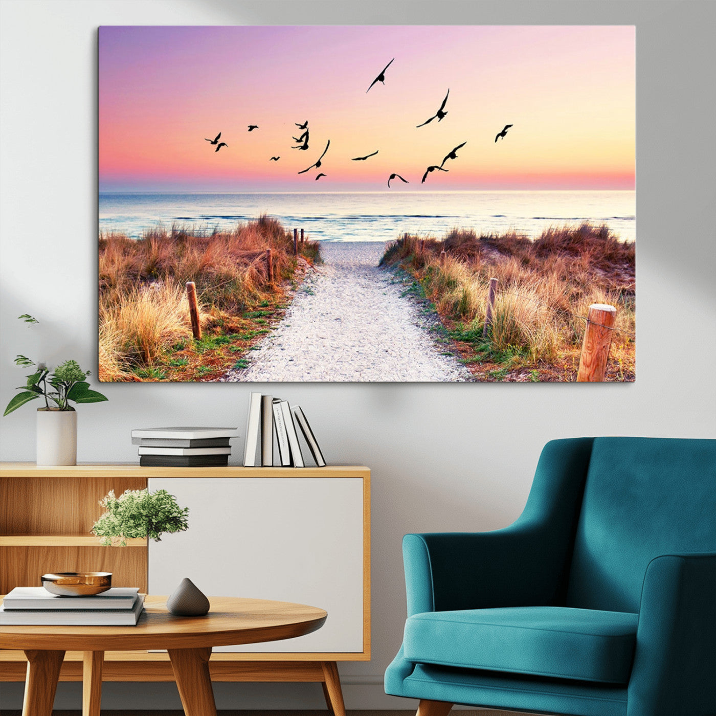 54411-MGV-CV-36X24-Beach Path with Birds Wall Art – Coastal Sunset Ocean Canvas Print, Seaside Nature Landscape Photography for Living Room, Bedroom