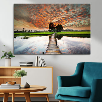 29105-MGV-CV-36X24-Rustic Wooden Bridge Wall Art – Scenic Sunset Over Rice Fields and Reflective Water Canvas Print, Nature Landscape Decor for