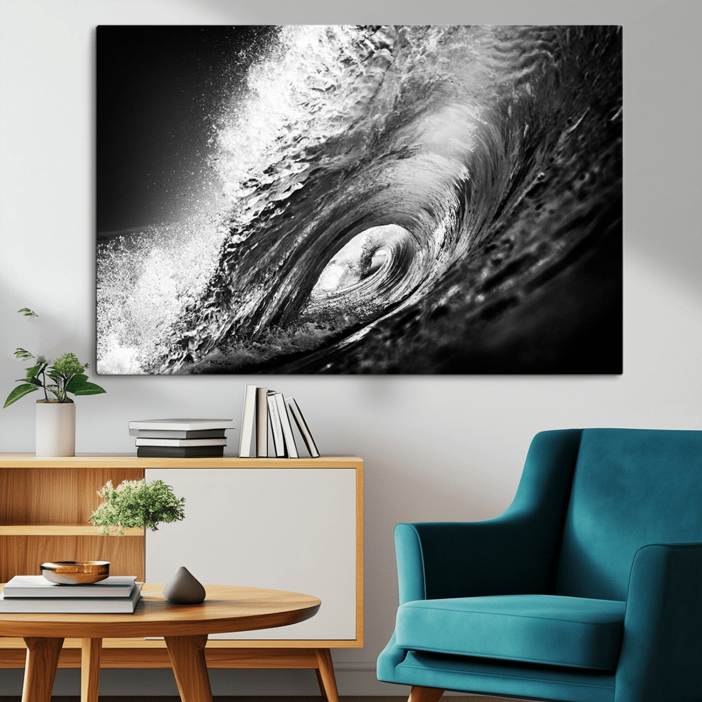 22702-MGV-CV-36X24-Black and White Ocean Wave Wall Art – Powerful Surf Curl Photography Canvas Print, Modern Coastal Decor for Living Room, Office or