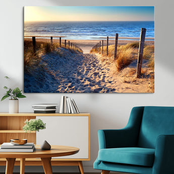 31889-MGV-CV-36X24-Sandy Beach Pathway Wall Art – Coastal Dune Fence and Ocean View Canvas Print, Relaxing Seaside Landscape Decor for Living Room or