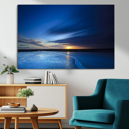 65405-MGV-CV-36X24-Blue Sunrise Seascape Wall Art – Tranquil Ocean Horizon Canvas Print with Golden Sunlight and Deep Sky, Coastal Landscape Decor