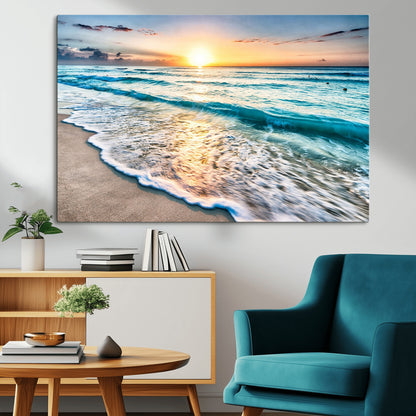 27815-MGV-CV-36X24-Ocean Sunrise Beach Wall Art – Serene Coastal Canvas Print with Waves and Golden Morning Light, Relaxing Seascape Decor for