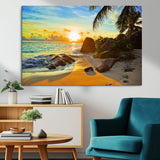 26181-MGV-CV-36X24-Golden Tropical Sunset Beach Wall Art – Ocean Canvas Print with Palm Trees and Rocks, Coastal Paradise Decor for Living Room or