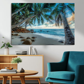 39679-MGV-CV-36X24-Tropical Palm Beach Wall Art – Serene Ocean Canvas Print with Palm Trees and Rocks, Coastal Paradise Decor for Living Room or