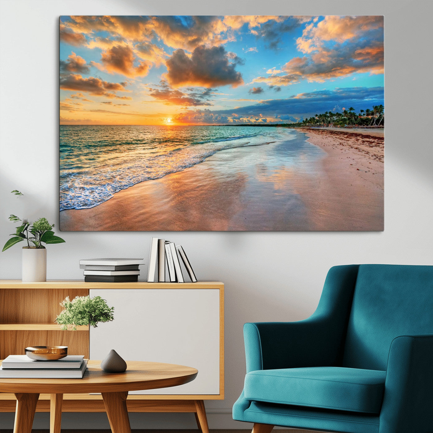 41572-MGV-CV-36X24-Sunset Beach Wall Art – Ocean Waves and Palm Trees Canvas Print, Tropical Coastal Sunset Seascape Decor for Living Room, Bedroom