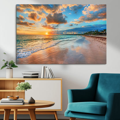41572-MGV-CV-36X24-Sunset Beach Wall Art – Ocean Waves and Palm Trees Canvas Print, Tropical Coastal Sunset Seascape Decor for Living Room, Bedroom