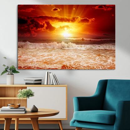 60211-MGV-CV-36X24-Fiery Sunset Ocean Waves Canvas Print – Vibrant Red & Orange Coastal Wall Art, Dramatic Seascape Decor