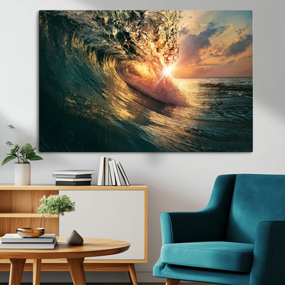 55359-MGV-CV-36X24-Radiant Ocean Wave Wall Art – Panoramic Surf Canvas Print, Vibrant Sunset Beach Decor for Home, Office or Man Cave