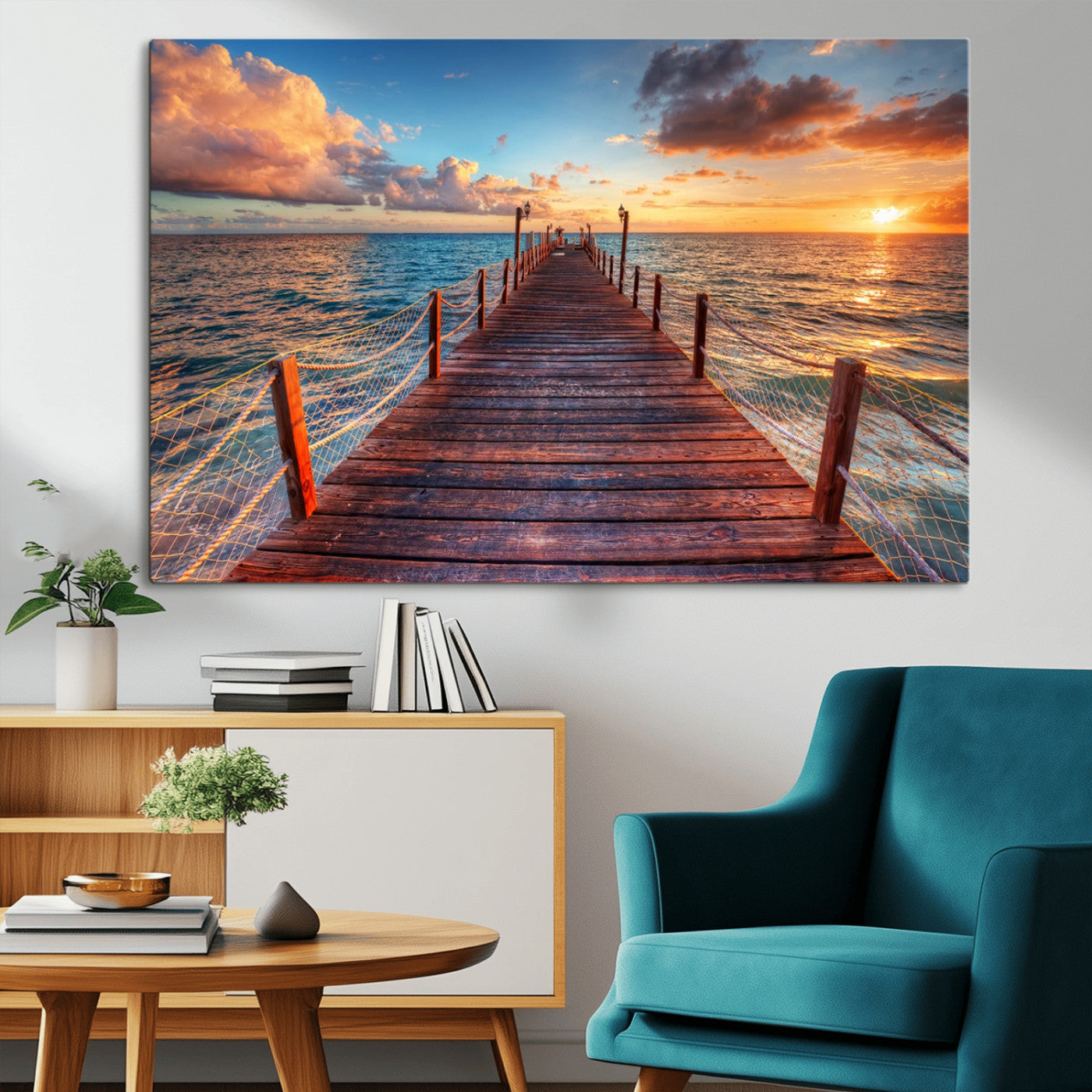 28836-MGV-CV-36X24-Ocean Pier Sunset Wall Art – Wooden Dock and Golden Horizon Canvas Print, Coastal Seascape Photography for Living Room, Bedroom,