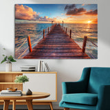 28836-MGV-CV-36X24-Ocean Pier Sunset Wall Art – Wooden Dock and Golden Horizon Canvas Print, Coastal Seascape Photography for Living Room, Bedroom,