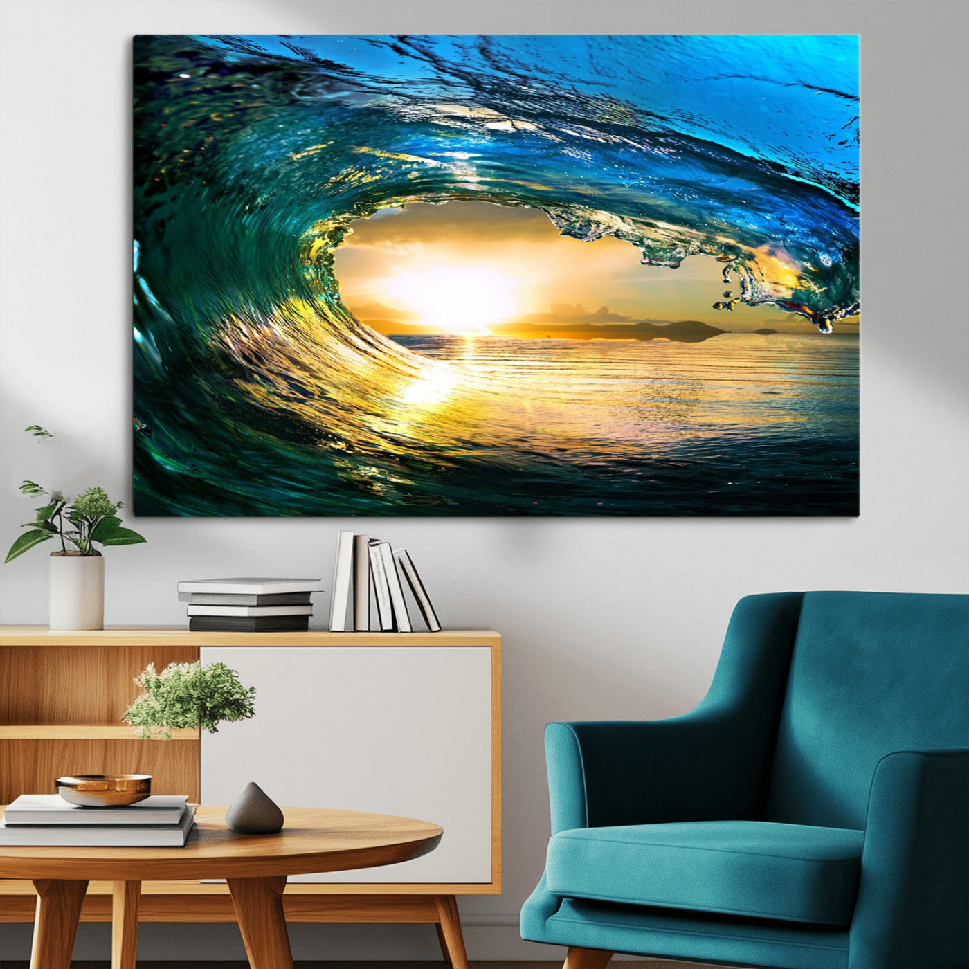 19378-MGV-CV-36X24-Ocean Wave Sunset Wall Art – Vibrant Surf and Golden Horizon Canvas Print, Coastal Seascape Photography for Living Room, Bedroom,