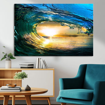 19378-MGV-CV-36X24-Ocean Wave Sunset Wall Art – Vibrant Surf and Golden Horizon Canvas Print, Coastal Seascape Photography for Living Room, Bedroom,