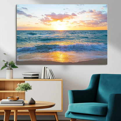 78006-MGV-CV-36X24-Golden Sunrise Ocean Wall Art – Panoramic Beach Waves Canvas Print, Coastal Seascape Artwork for Living Room, Bedroom, Office, or