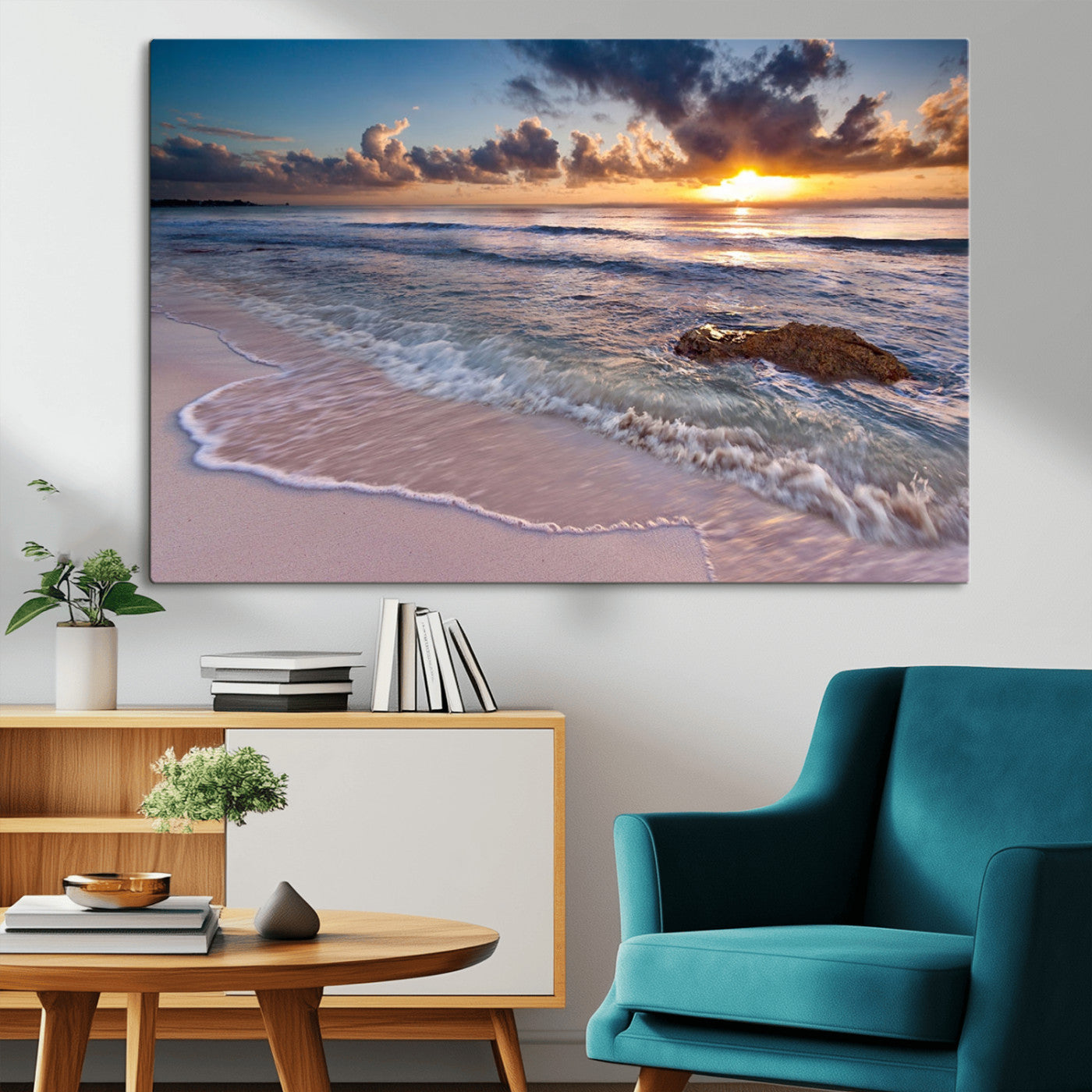 94906-MGV-CV-36X24-Sunrise Beach Wall Art – Panoramic Ocean Waves Canvas Print, Coastal Sunset Seascape Artwork for Living Room, Bedroom, or Office