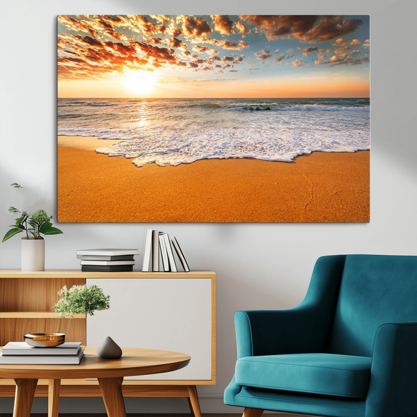 15399-MGV-CV-36X24-Golden Sunrise Beach Wall Art – Ocean Waves on Sandy Shore Canvas Print, Coastal Seascape Decor for Living Room or Bedroom