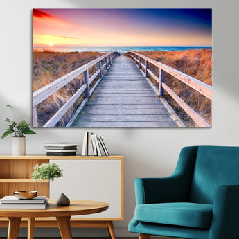 60625-MGV-CV-36X24-Beach Boardwalk Sunrise Wall Art – Coastal Pathway to Ocean Canvas Print, Seaside Landscape Decor for Home or Office