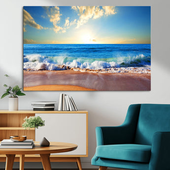 50522-MGV-CV-36X24-Ocean Sunrise Wall Art – Peaceful Beach Waves and Golden Horizon Canvas Print, Coastal Seascape Decor for Home or Office