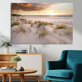 61246-MGV-CV-36X24-Coastal Sand Dunes Wall Art – Serene Beach Sunset Canvas Print with Grasses and Ocean View, Tranquil Seaside Decor for Living Room