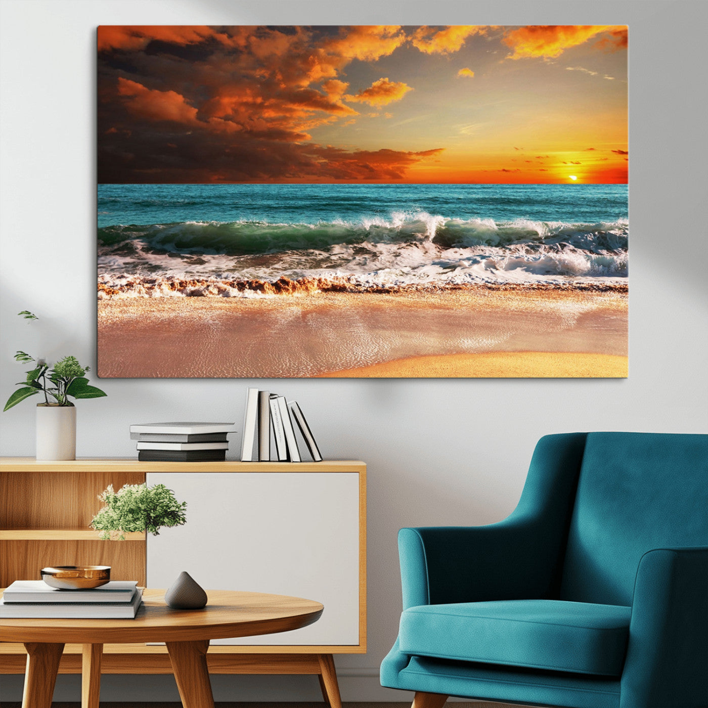 72948-MGV-CV-36X24-Ocean Sunset Wave Wall Art – Dramatic Seascape Canvas Print with Golden Sky and Crashing Waves, Coastal Beach Decor for Living