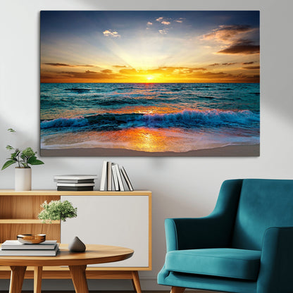 50627-MGV-CV-36X24-Ocean Sunset Wall Art – Serene Beach Canvas Print with Waves and Golden Sky, Coastal Decor for Living Room or Office