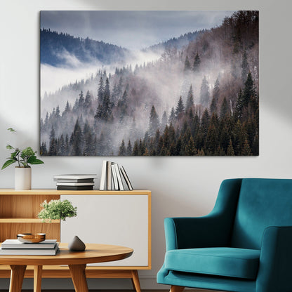 18459-MGV-CV-36X24-Misty Pine Forest Wall Art – Serene Mountain Landscape Canvas Print, Tranquil Nature Artwork for Living Room, Bedroom, Cabin or